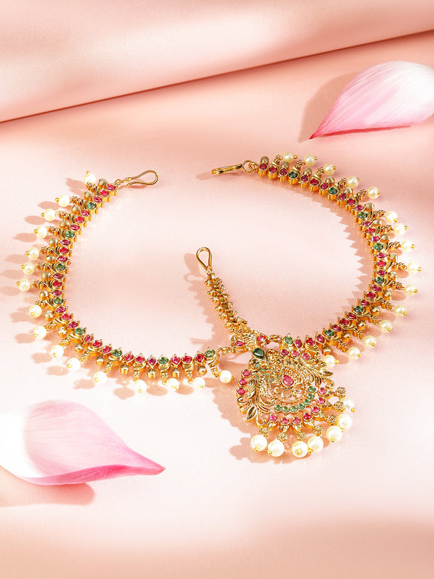 Rubans 22K Gold-Plated Traditional Ruby Green Stone & Pearl Beaded Bridal Matha Patti