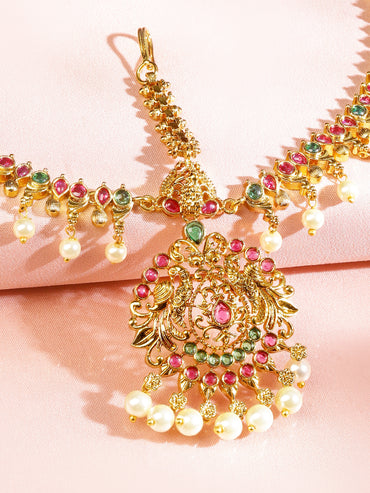 Rubans 22K Gold-Plated Traditional Ruby Green Stone & Pearl Beaded Bridal Matha Patti