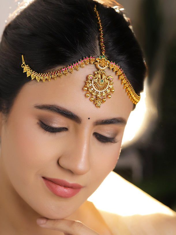 Red Studded Gold Toned Mathapatti