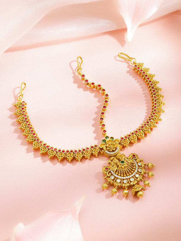 Red Studded Gold Toned Mathapatti