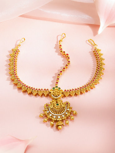 Red Studded Gold Toned Mathapatti