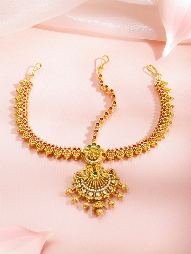 Red Studded Gold Toned Mathapatti