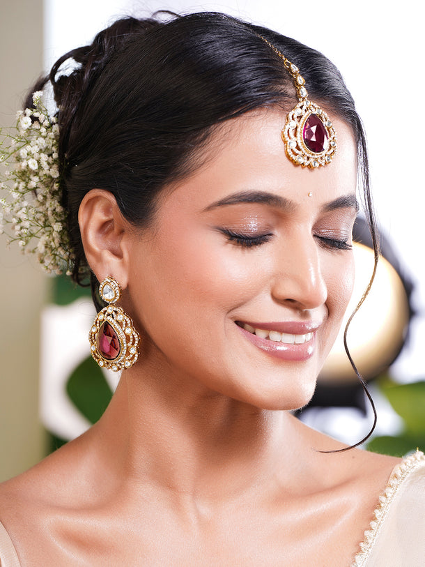 Gold Plated Brass Ruby Pink Cubic Zirconia Maangtikka & Earrings Set
