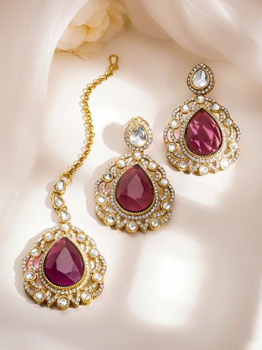Gold Plated Brass Ruby Pink Cubic Zirconia Maangtikka & Earrings Set