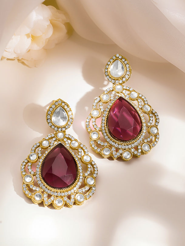 Gold Plated Brass Ruby Pink Cubic Zirconia Maangtikka & Earrings Set