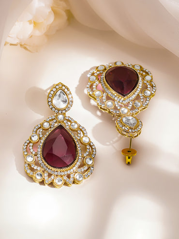 Gold Plated Brass Ruby Pink Cubic Zirconia Maangtikka & Earrings Set