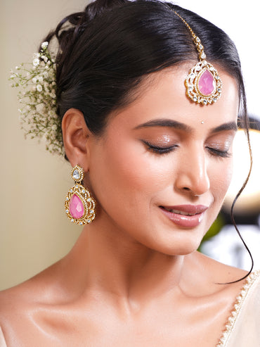 Gold Plated Brass Pink Cubic Zirconia Maangtikka & Earrings Set