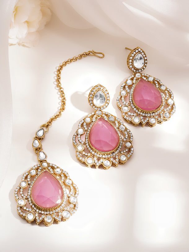 Gold Plated Brass Pink Cubic Zirconia Maangtikka & Earrings Set