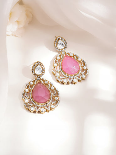 Gold Plated Brass Pink Cubic Zirconia Maangtikka & Earrings Set