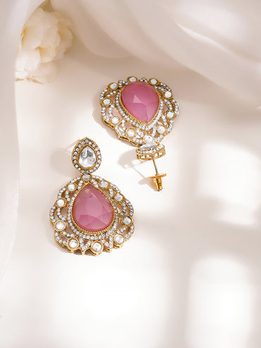 Gold Plated Brass Pink Cubic Zirconia Maangtikka & Earrings Set