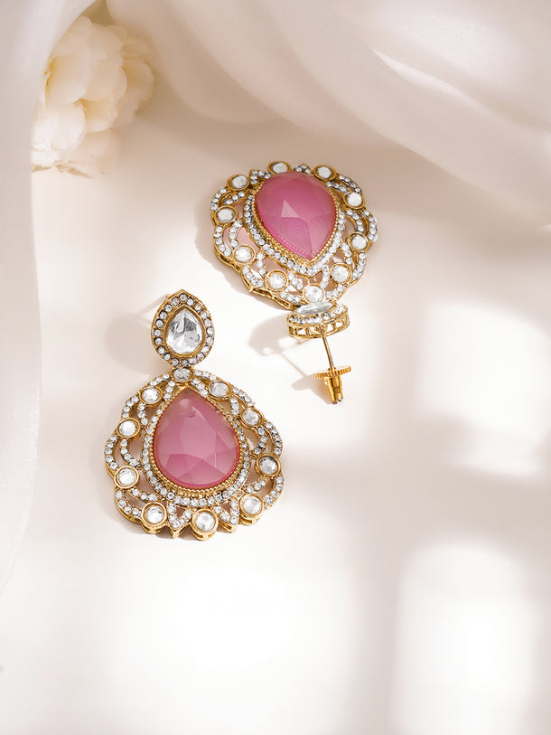 Gold Plated Brass Pink Cubic Zirconia Maangtikka & Earrings Set