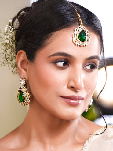 Gold Plated Emerald Green Cubic Zirconia Maangtikka & Earrings Set