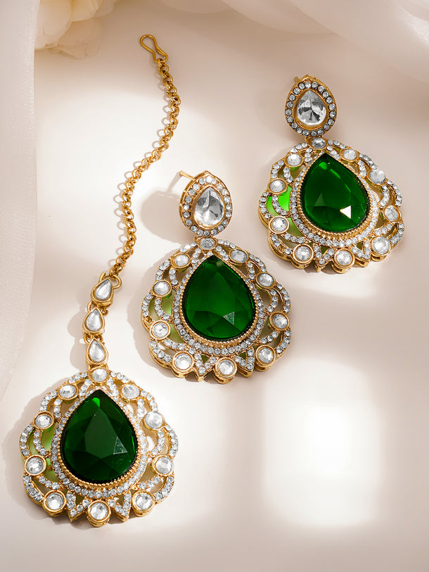 Gold Plated Emerald Green Cubic Zirconia Maangtikka & Earrings Set