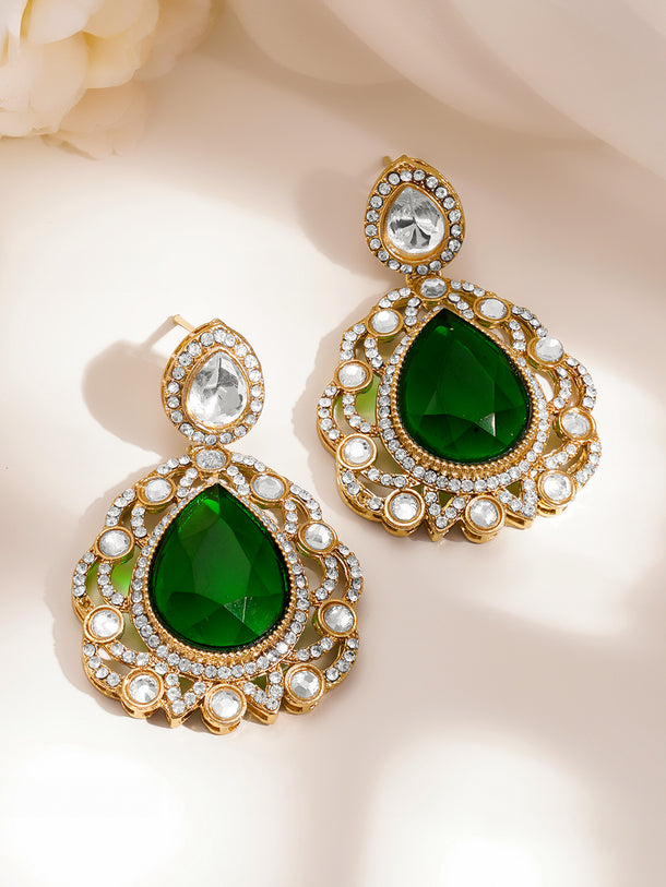 Gold Plated Emerald Green Cubic Zirconia Maangtikka & Earrings Set