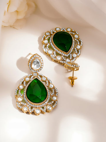 Gold Plated Emerald Green Cubic Zirconia Maangtikka & Earrings Set
