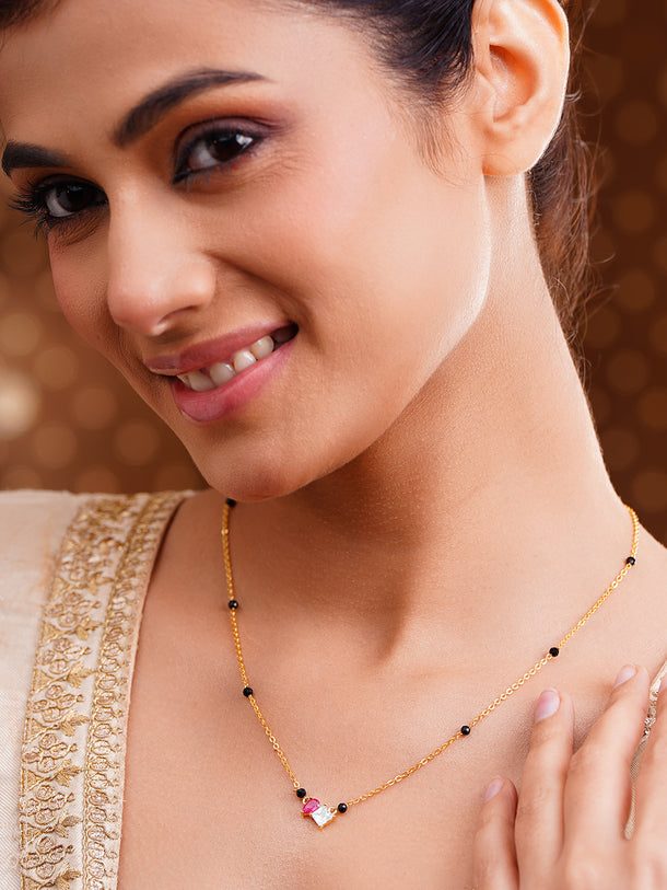 Gold Plated Cubic Zirconia Twin Heart Mangalsutra Necklace