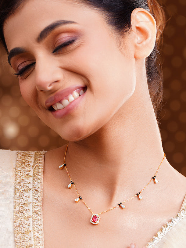 Gold Plated Ruby Halo Pear Drop Zirconia Black Bead Mangalsutra