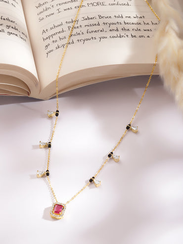 Gold Plated Ruby Halo Pear Drop Zirconia Black Bead Mangalsutra