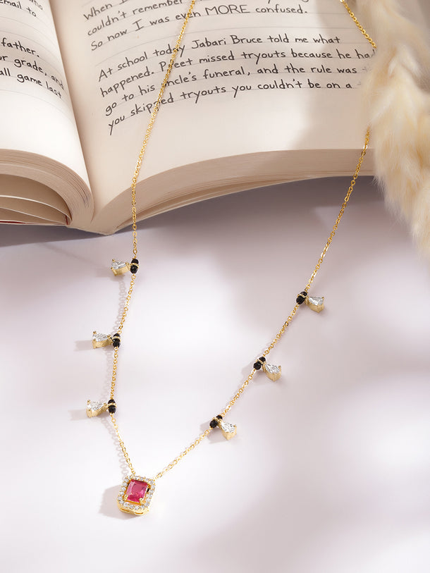 Gold Plated Ruby Halo Pear Drop Zirconia Black Bead Mangalsutra