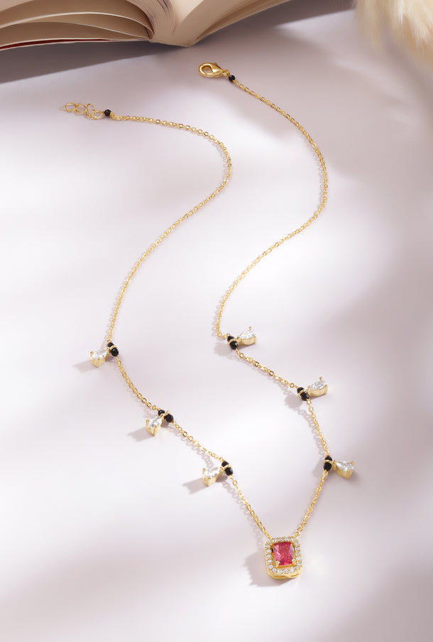 Gold Plated Ruby Halo Pear Drop Zirconia Black Bead Mangalsutra