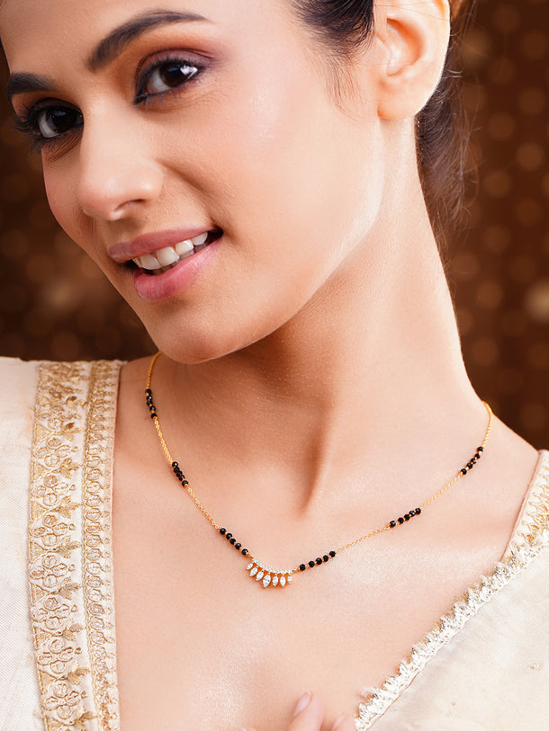 Gold Plated Marquise Fringe Zirconia Black Bead Mangalsutra