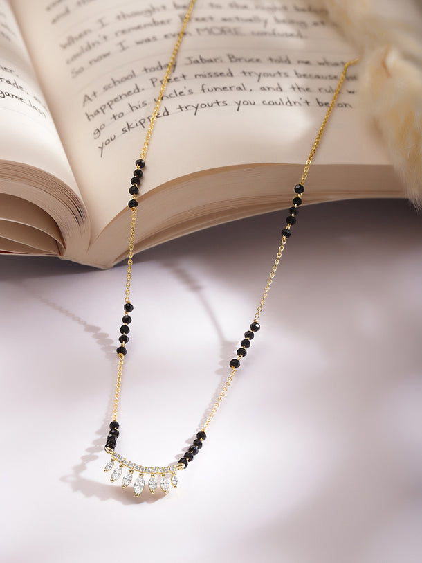 Gold Plated Marquise Fringe Zirconia Black Bead Mangalsutra