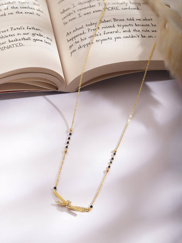 Gold Plated Love Knot Zirconia Black Bead Mangalsutra