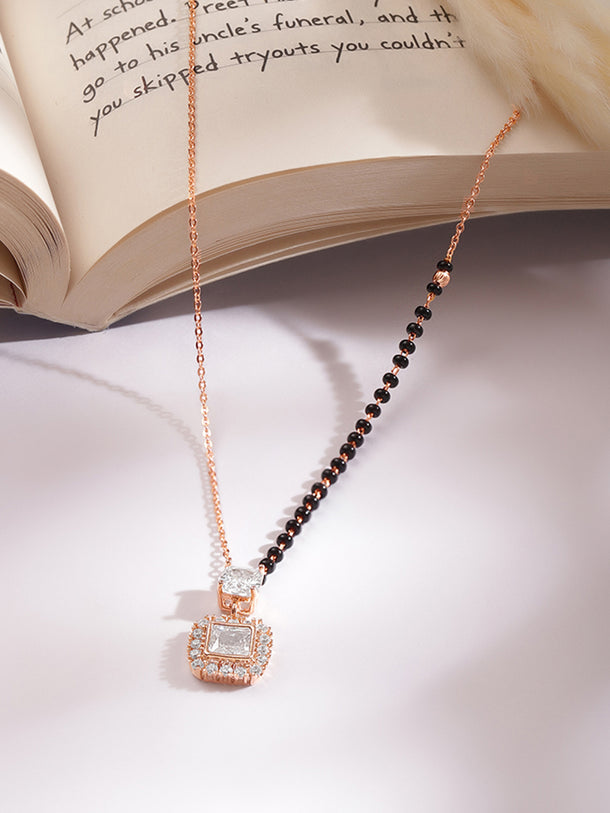 Rose Gold Plated Regal Square Zirconia Black Bead Mangalsutra
