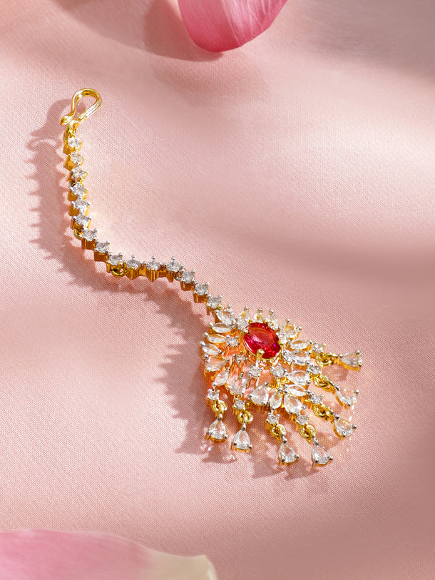 Rubans 22K Gold-Plated Ruby Red Stone & Cubic Zirconia Studded Designer Maang Tikka
