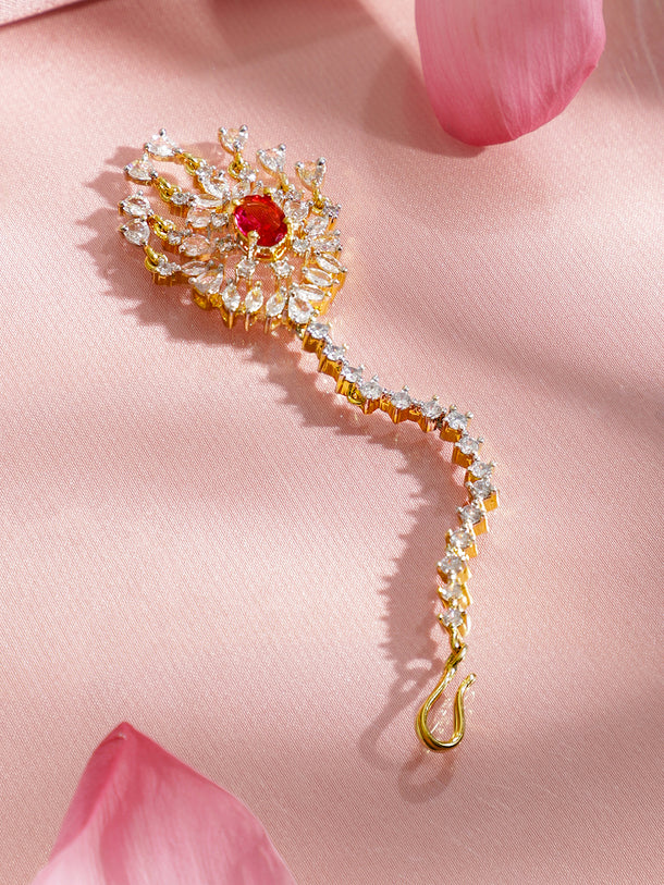 Rubans 22K Gold-Plated Ruby Red Stone & Cubic Zirconia Studded Designer Maang Tikka