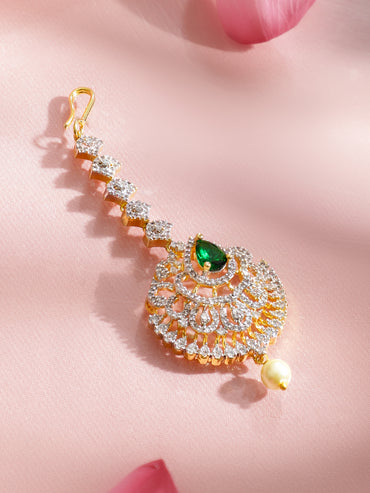 Rubans 18K Gold-Plated Emerald Green & Cubic Zirconia Studded Maang Tikka with Pearl Drop