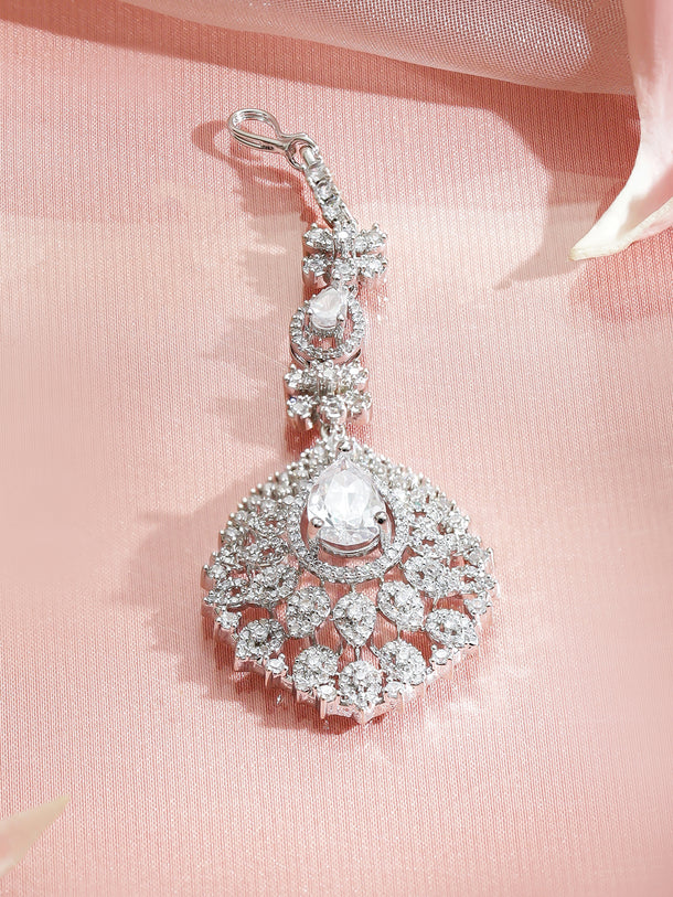 Rubans Rhodium-Plated Cubic Zirconia Studded Maang Tikka