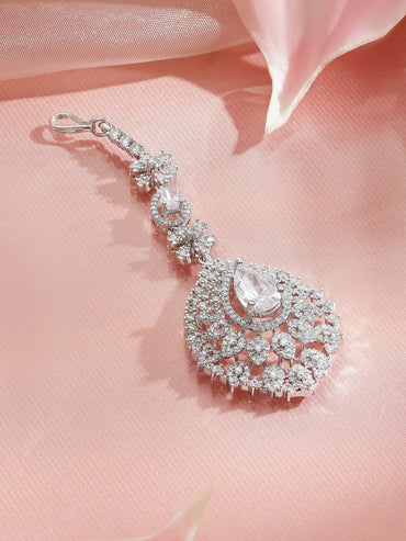 Rubans Rhodium-Plated Cubic Zirconia Studded Maang Tikka