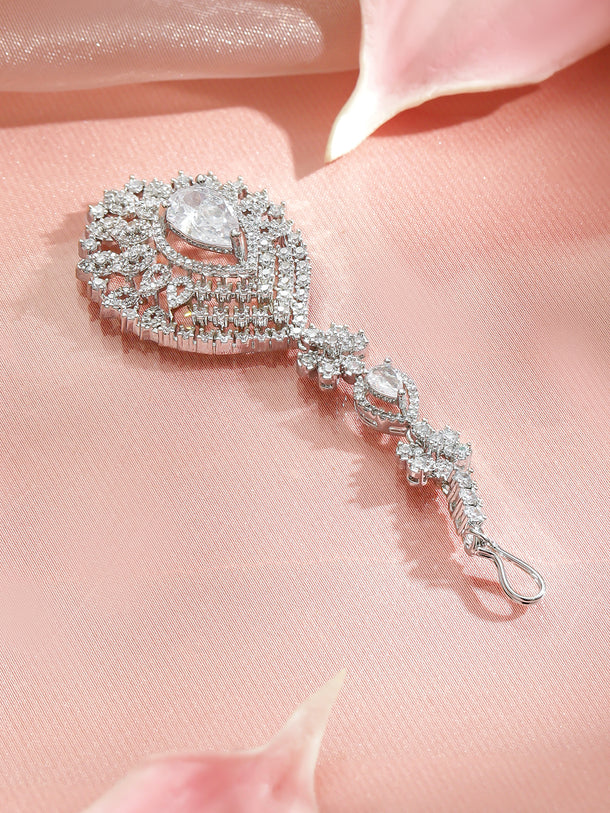 Rubans Rhodium-Plated Cubic Zirconia Studded Maang Tikka