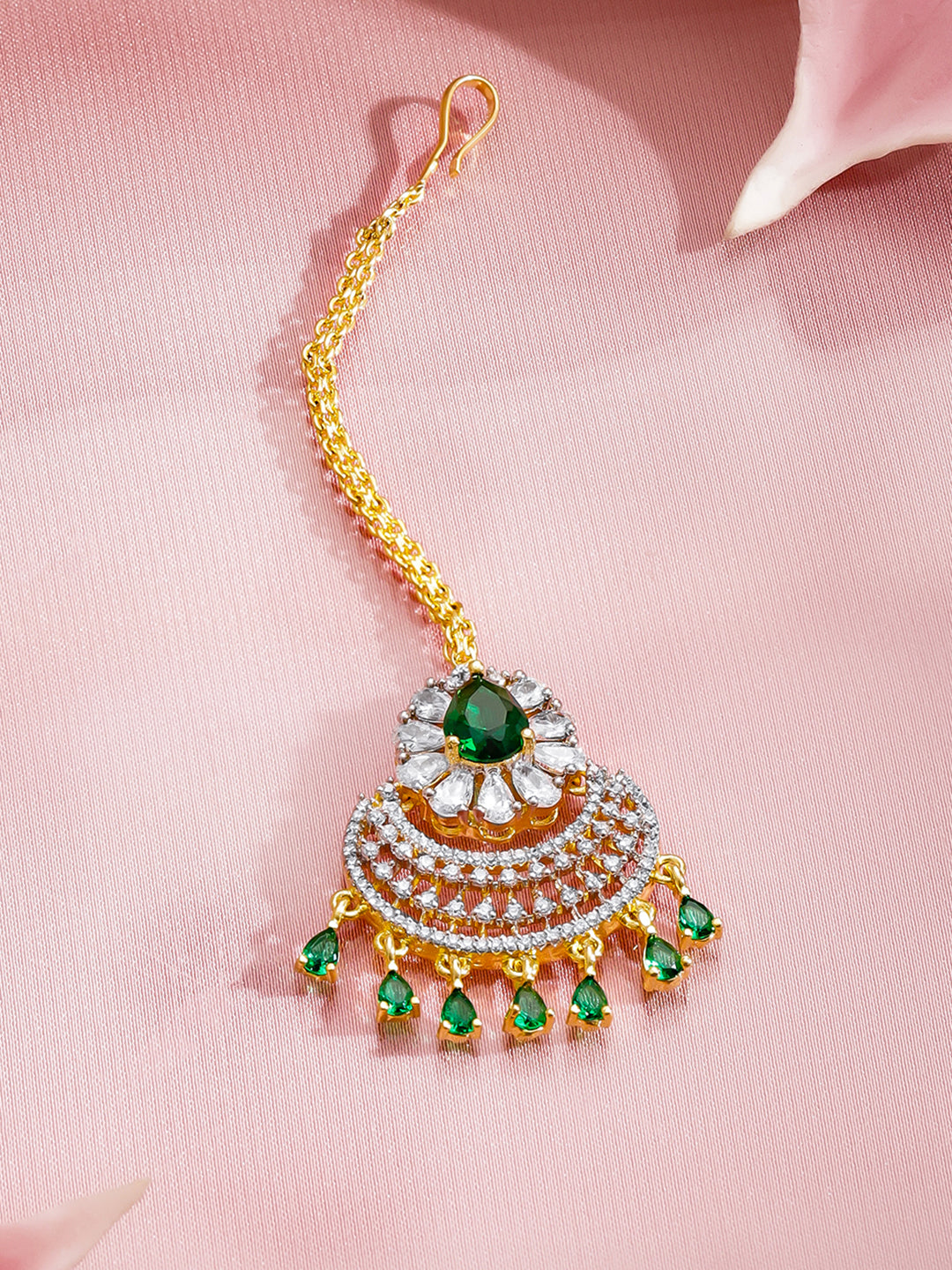 Rubans 22K Gold-Plated Zircon Studded Teardrop Shaped Maang Tikka