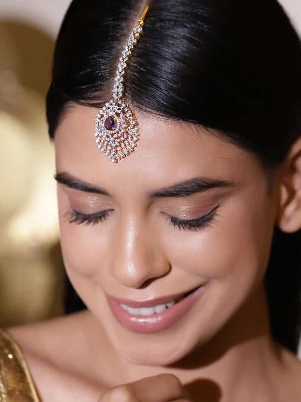 Rubans 22K Gold-Plated American Diamond & Cubic Zirconia Studded Maang Tikka