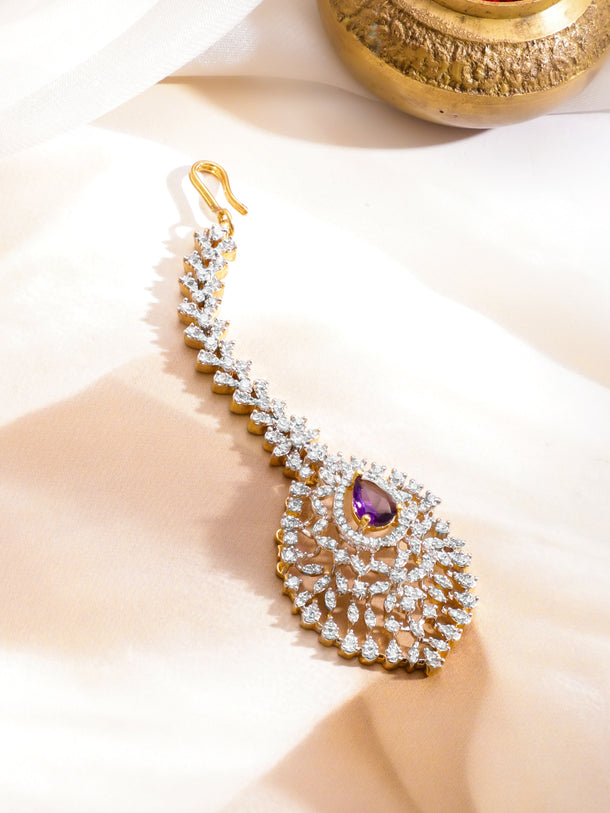 Rubans 22K Gold-Plated American Diamond & Cubic Zirconia Studded Maang Tikka