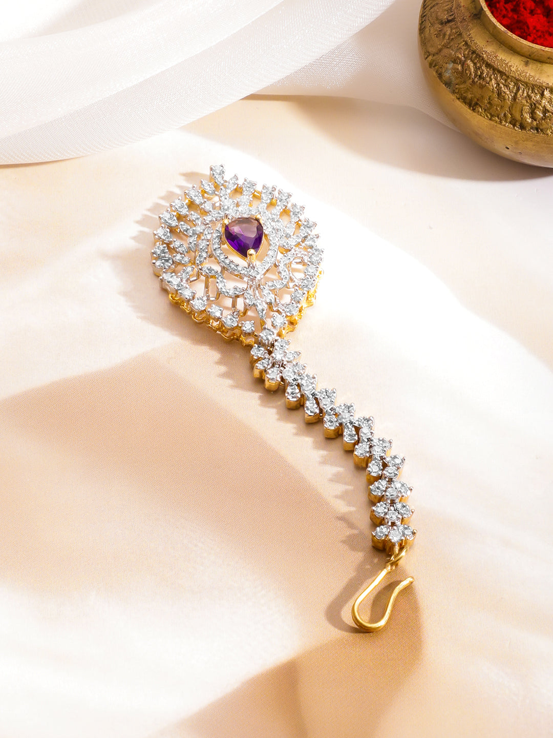 Rubans 22K Gold-Plated American Diamond & Cubic Zirconia Studded Maang Tikka