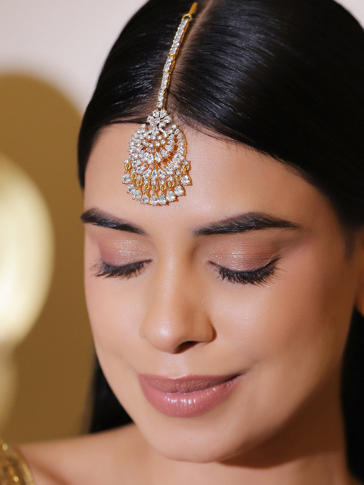 Rubans 22K Gold-Plated Zircon Studded Teardrop Shaped Maang Tikka