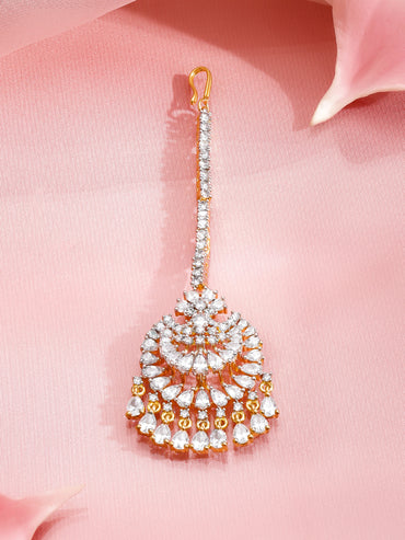 Rubans 22K Gold-Plated Zircon Studded Teardrop Shaped Maang Tikka