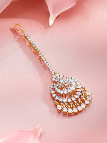 Rubans 22K Gold-Plated Zircon Studded Teardrop Shaped Maang Tikka