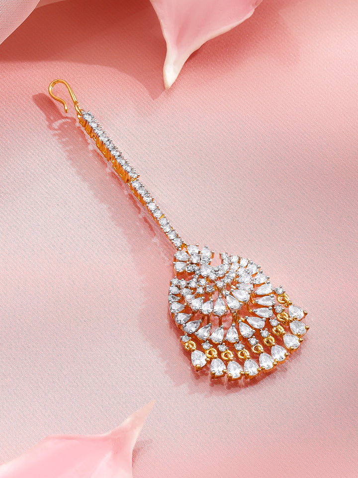 Rubans 22K Gold-Plated Zircon Studded Teardrop Shaped Maang Tikka