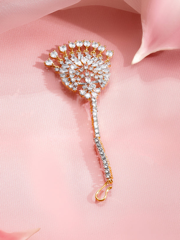 Rubans 22K Gold-Plated Zircon Studded Teardrop Shaped Maang Tikka