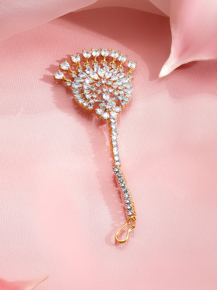 Rubans 22K Gold-Plated Zircon Studded Teardrop Shaped Maang Tikka