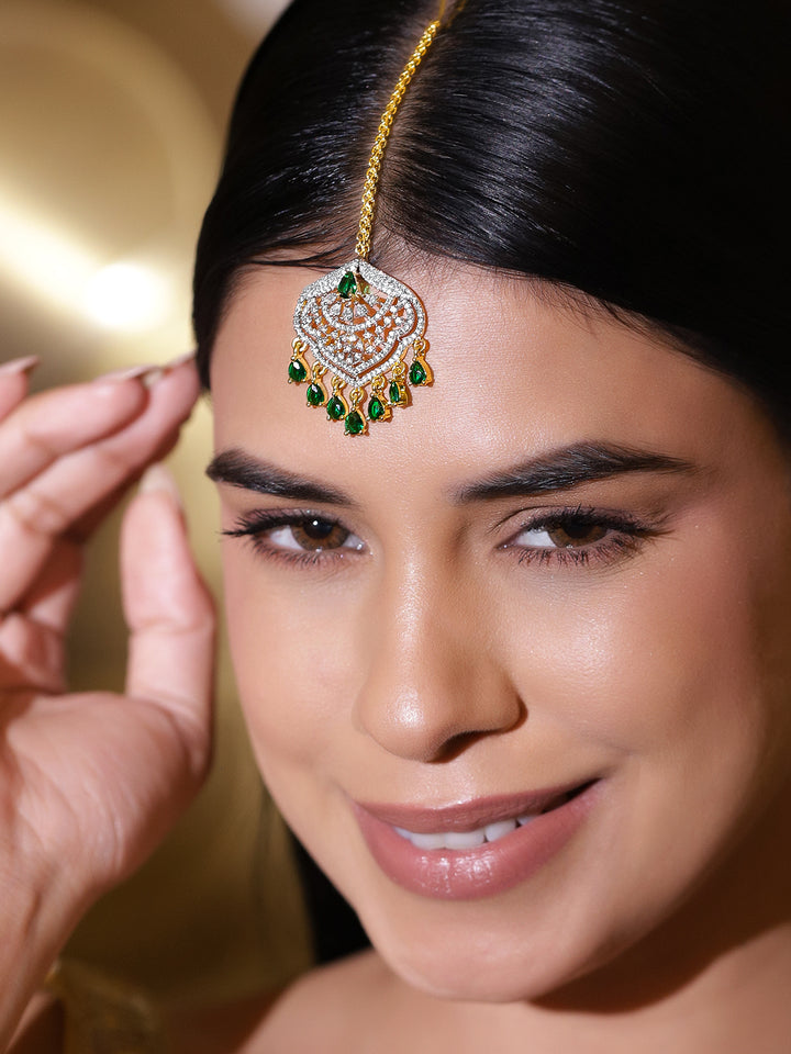 Rubans 22K Gold-Plated Zircon Studded Teardrop Shaped Maang Tikka
