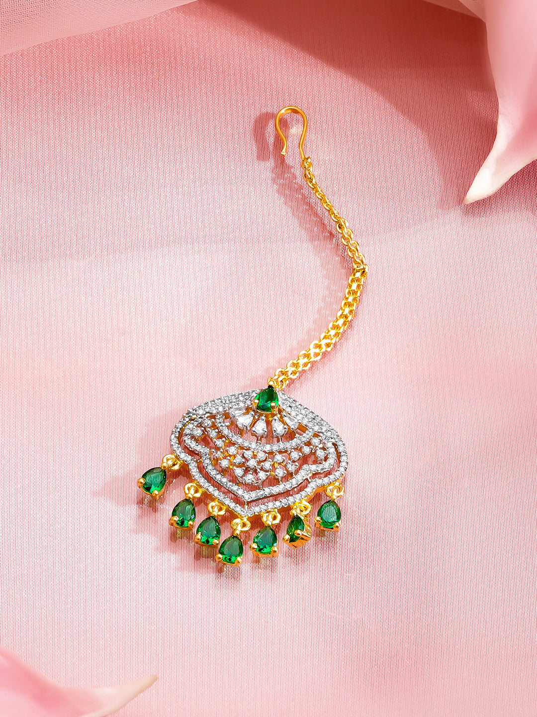 Rubans 22K Gold-Plated Zircon Studded Teardrop Shaped Maang Tikka