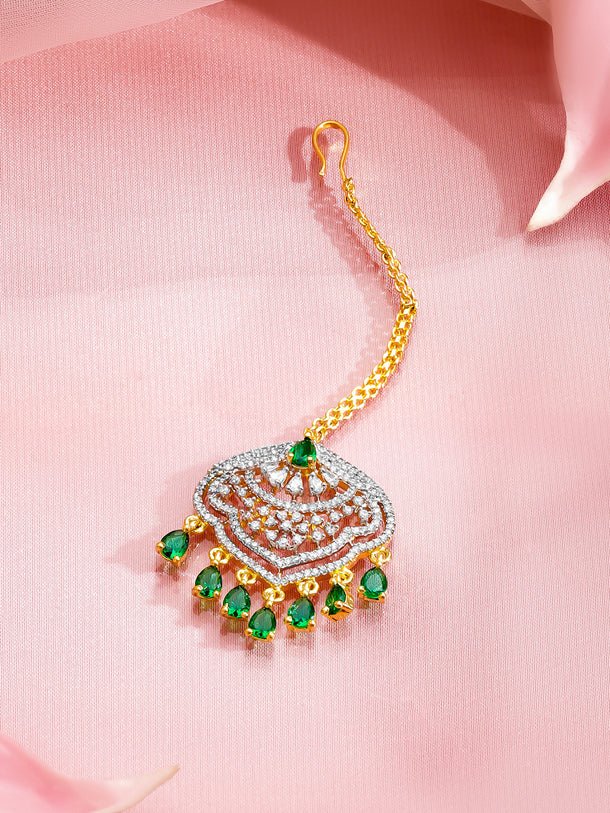 Rubans 22K Gold-Plated Zircon Studded Teardrop Shaped Maang Tikka