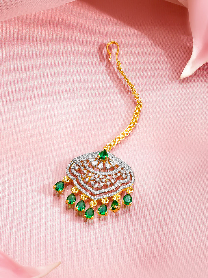 Rubans 22K Gold-Plated Zircon Studded Teardrop Shaped Maang Tikka