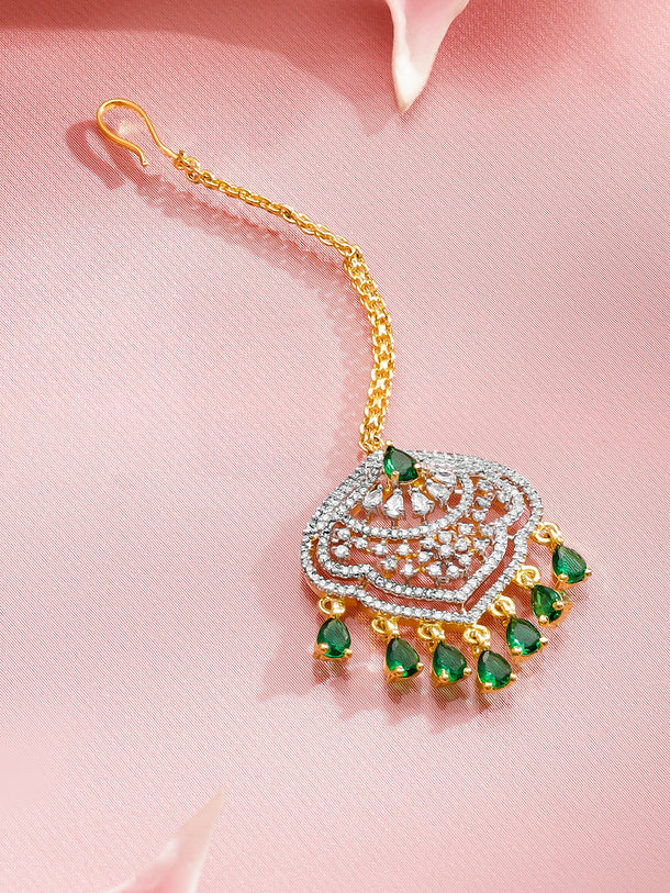 Rubans 22K Gold-Plated Zircon Studded Teardrop Shaped Maang Tikka