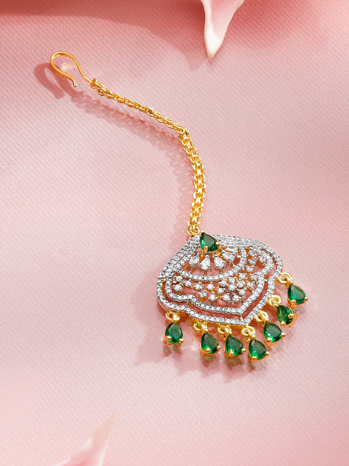 Rubans 22K Gold-Plated Zircon Studded Teardrop Shaped Maang Tikka
